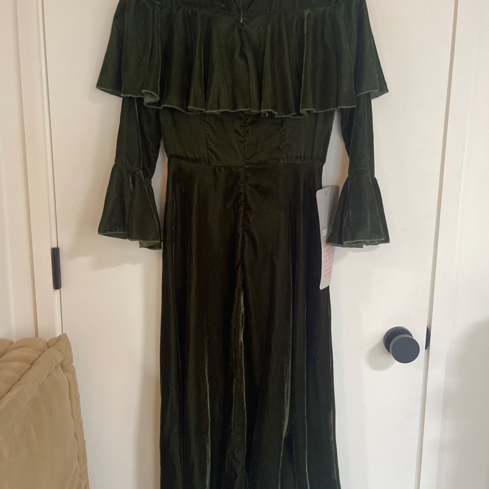 ASOS Trumpet Sleeve Velvet Midi Dress Green - Picture 8 of 10
